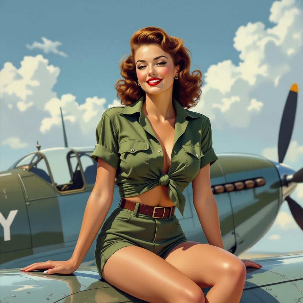 1940s Pin-Up Girl on a Vintage Airplane Wing