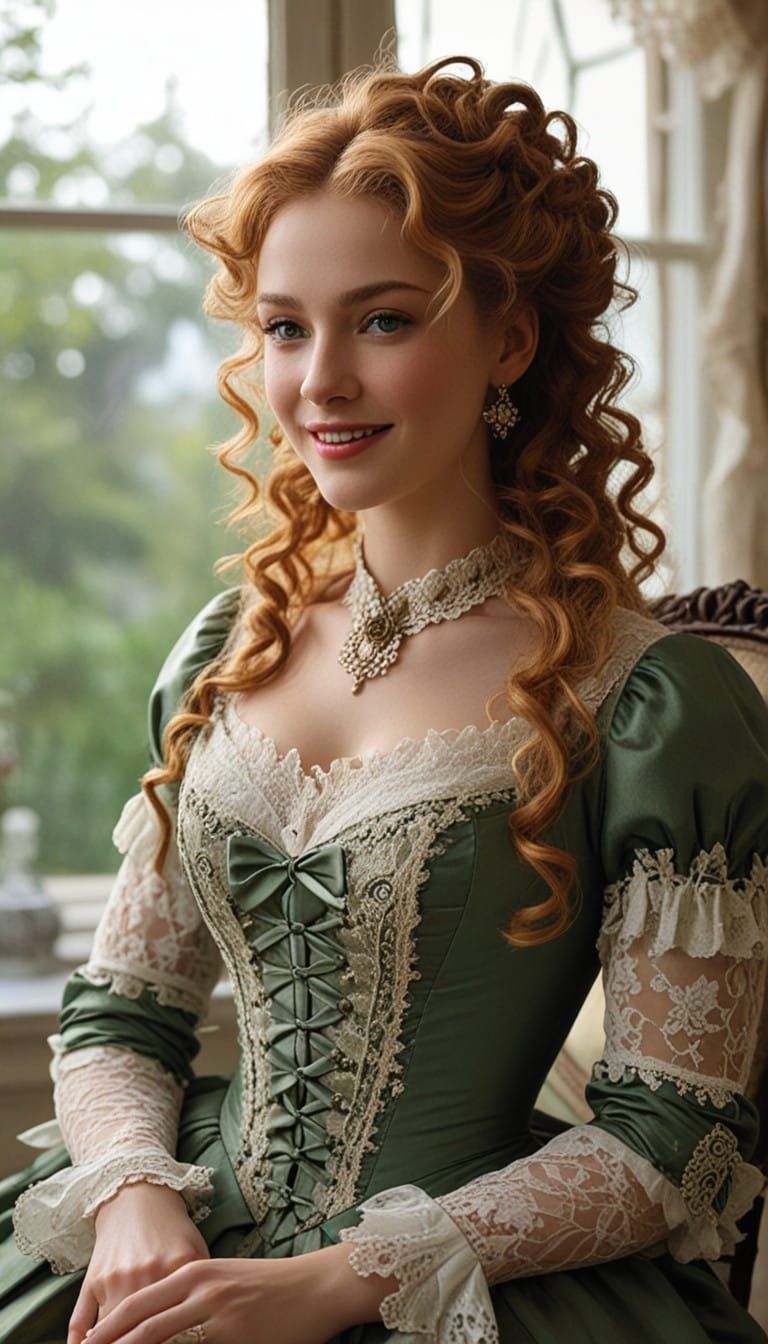 Victorian Countess in Elegant Lace Gown, Admiring Her Hair