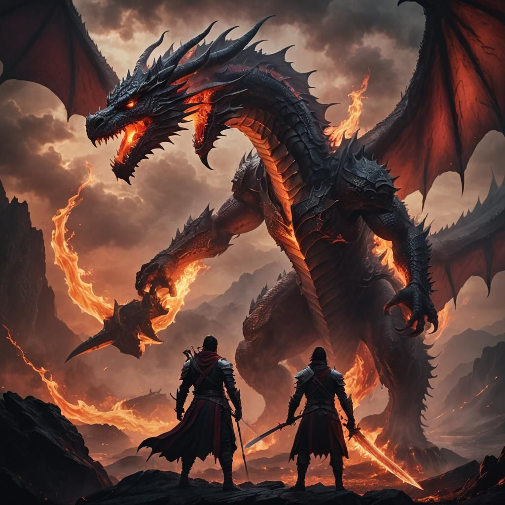 Warrior Facing Dragon in Epic Dark Fantasy Art