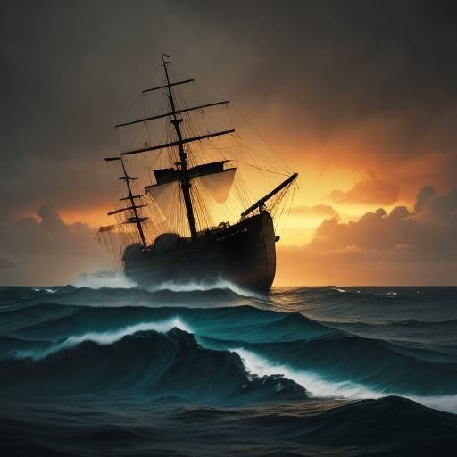 Wrecked Sailing Ship in Stormy Seas