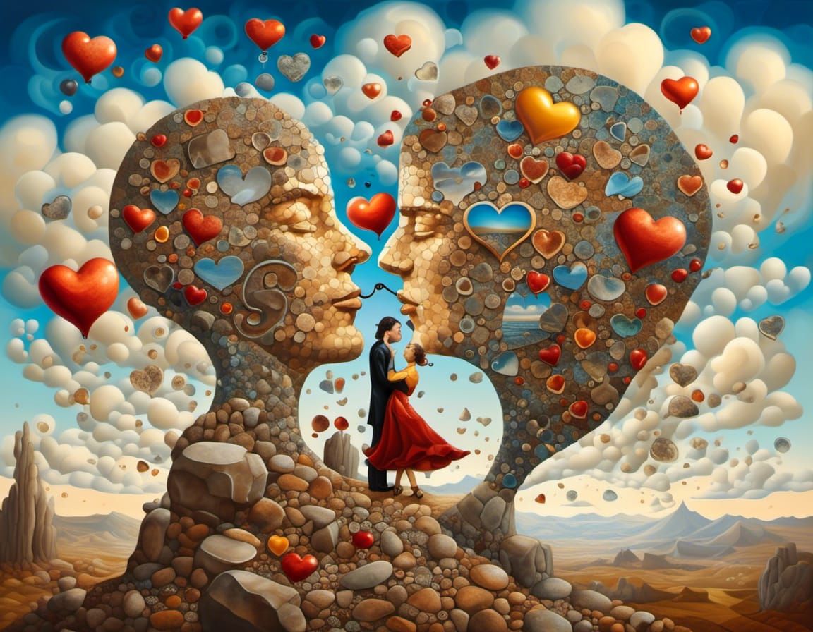 Mosaic Faces Kissing with Violin in Surreal Landscape