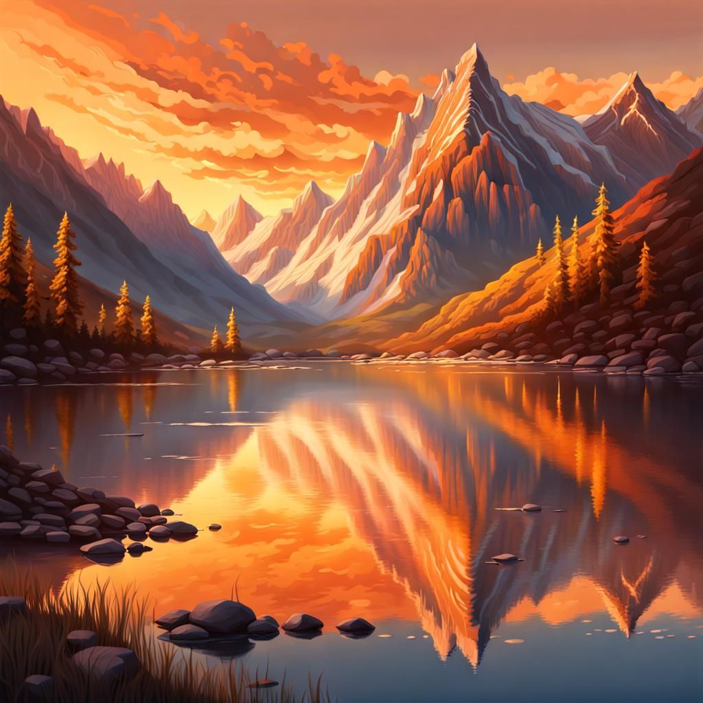 Majestic Mountains Reflect in Golden Sunset: Hyperrealistic ...