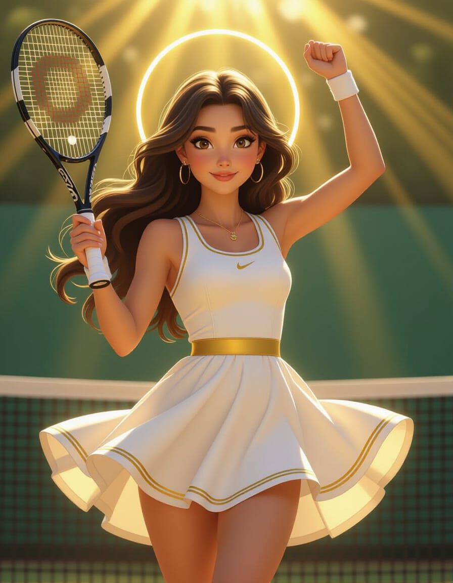 Triumphant Tennis Player in Flowing Gown