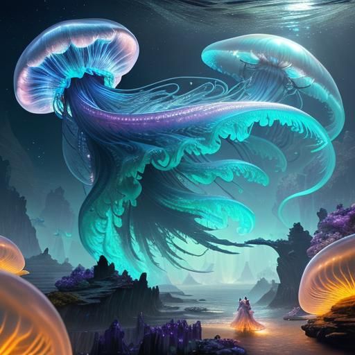 Bioluminescent Jellyfish Fantasy Seascape in 8k