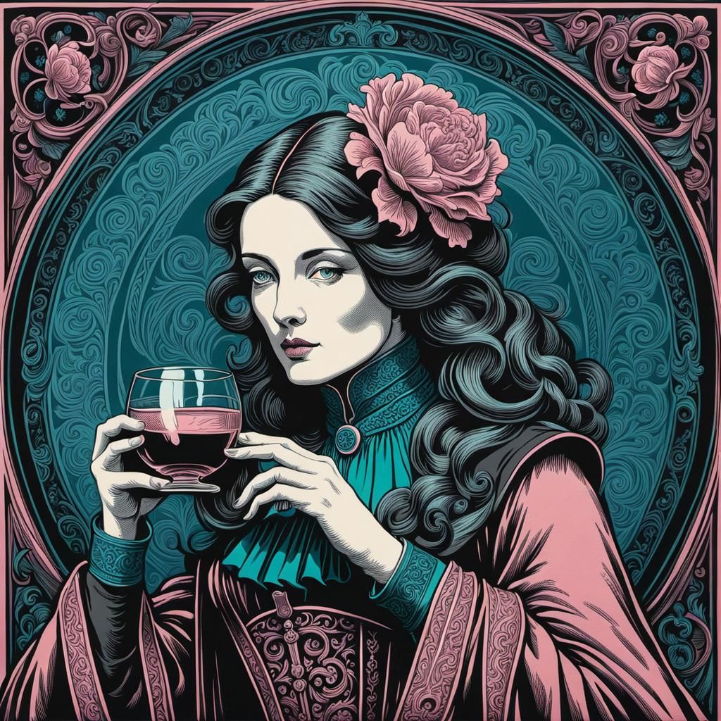 Victorian Puritan Refusing Alcohol in Linocut Style