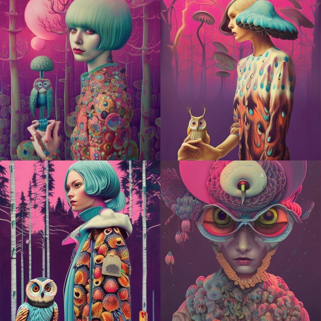 Hallucinogenic Owl on Mushroom, Ornate Digital Art