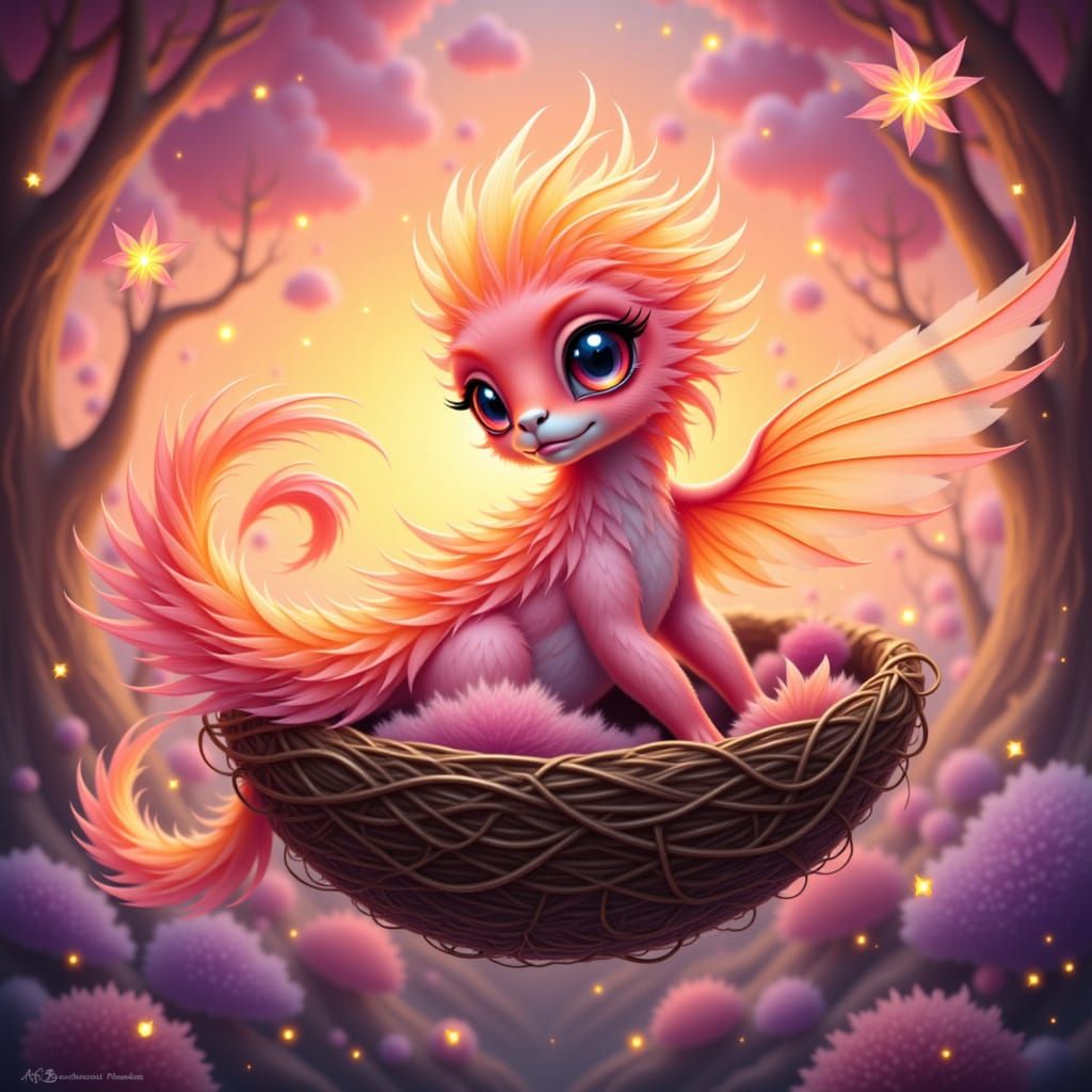 Baby Phoenix in Filigree Nest with Glowing Aura