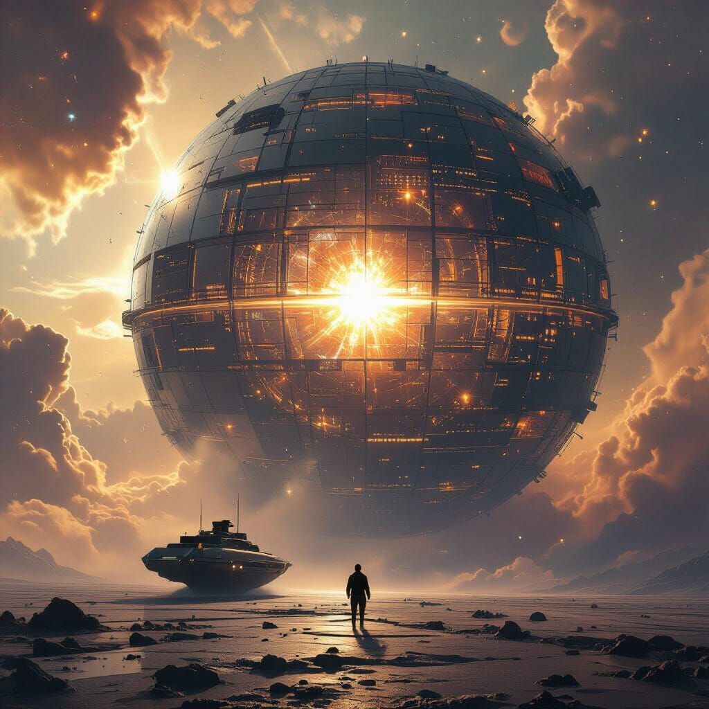 Explorer Ship Approaches Colossal Dyson Sphere in Epic Space...