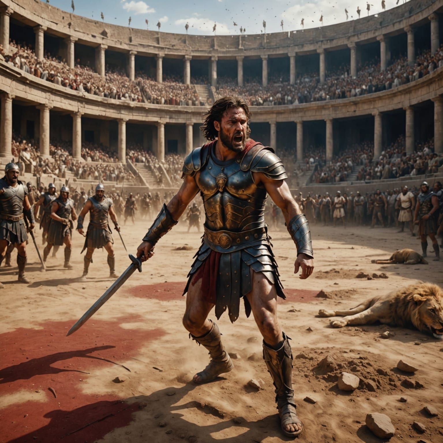 Gladiator Confronts Lion in Ancient Coliseum