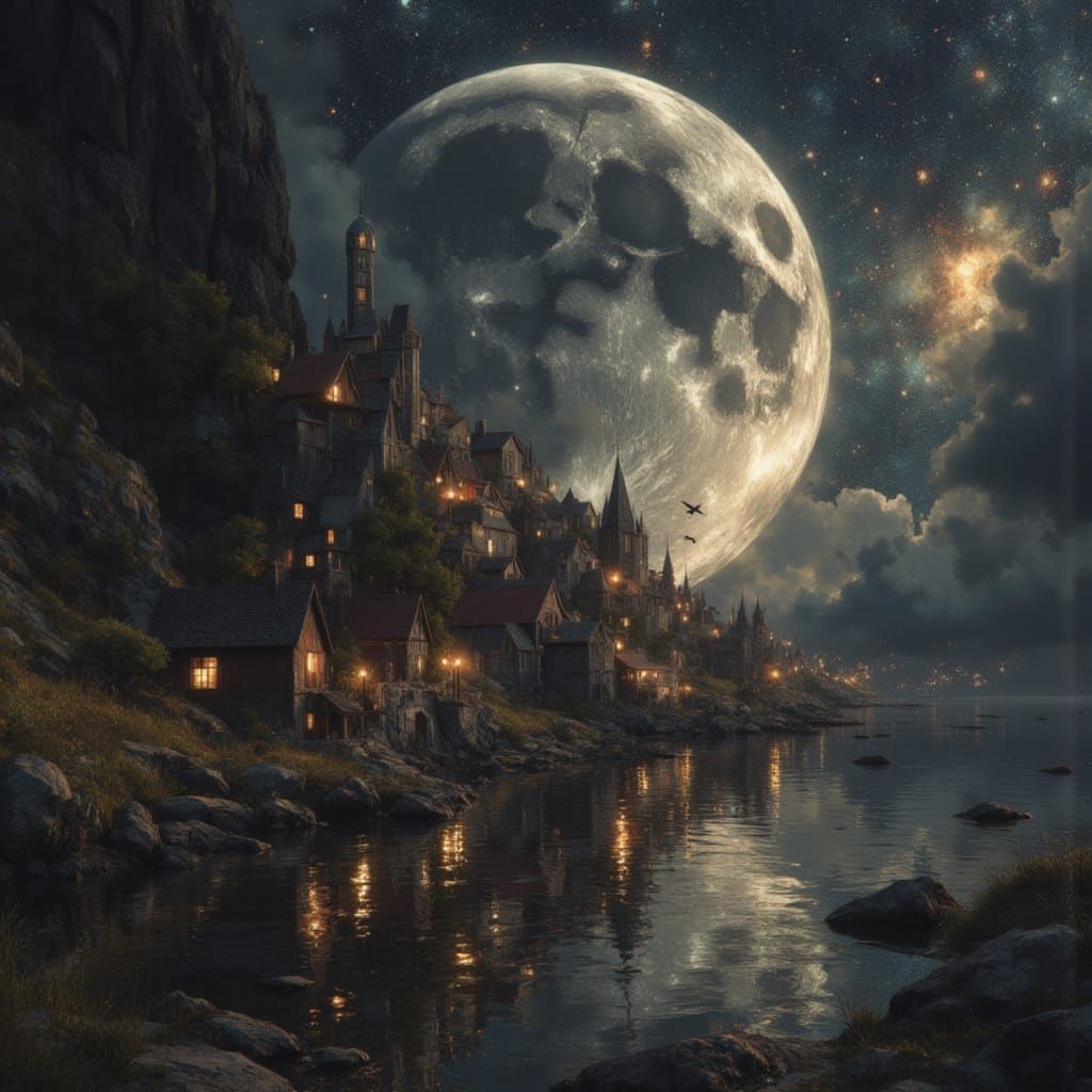 Moon Sea Village Digital Painting in Gouache Style