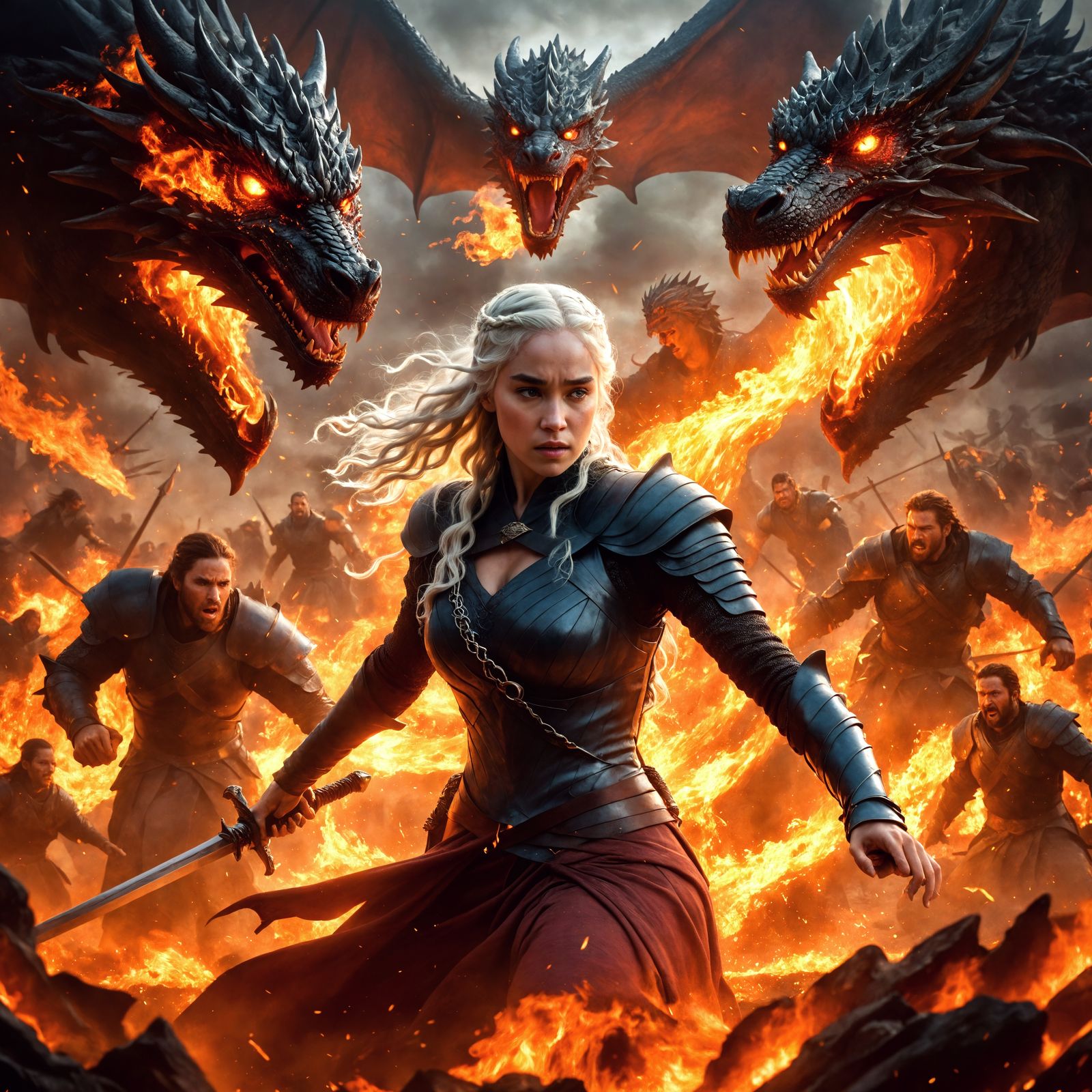 Epic Battle: Silver-Haired Warrior and Dragons