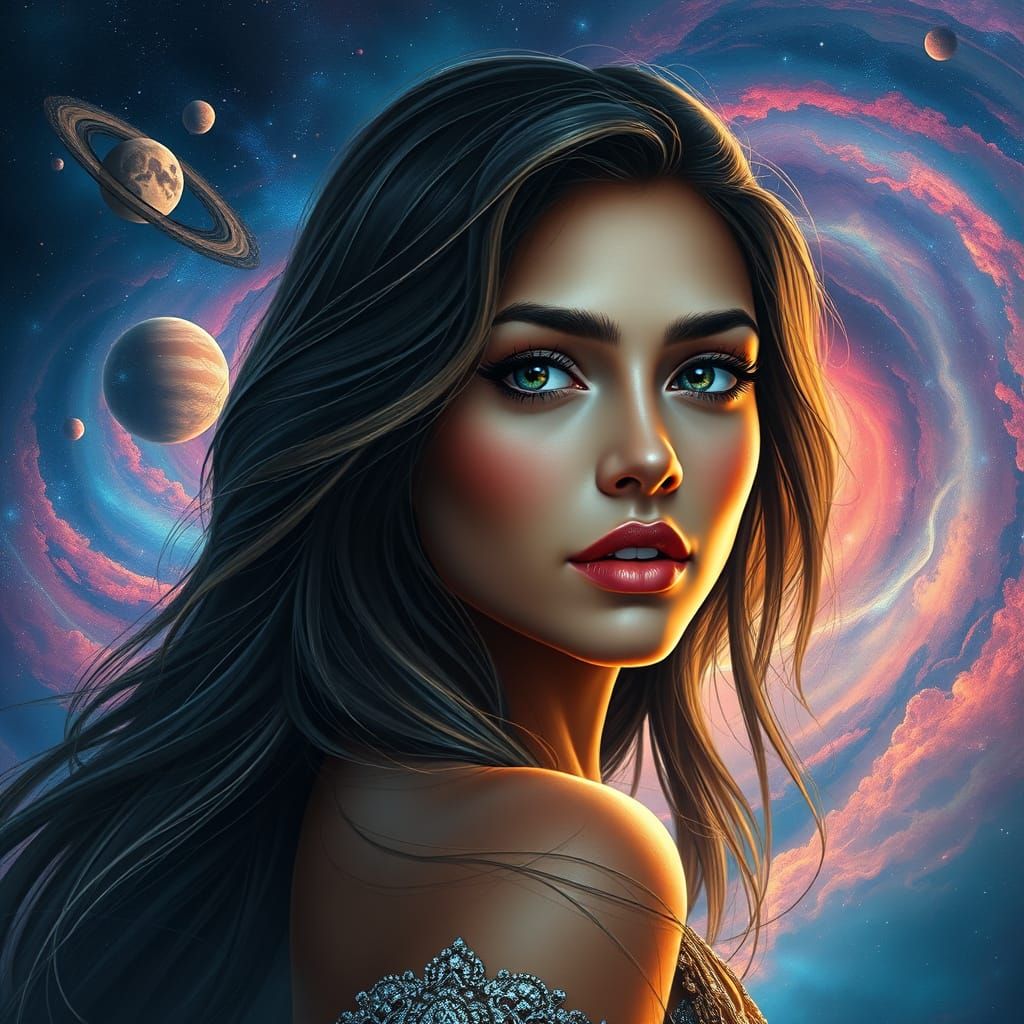 Ethereal Beauty Amidst Celestial Wonders in Vibrant Galaxy