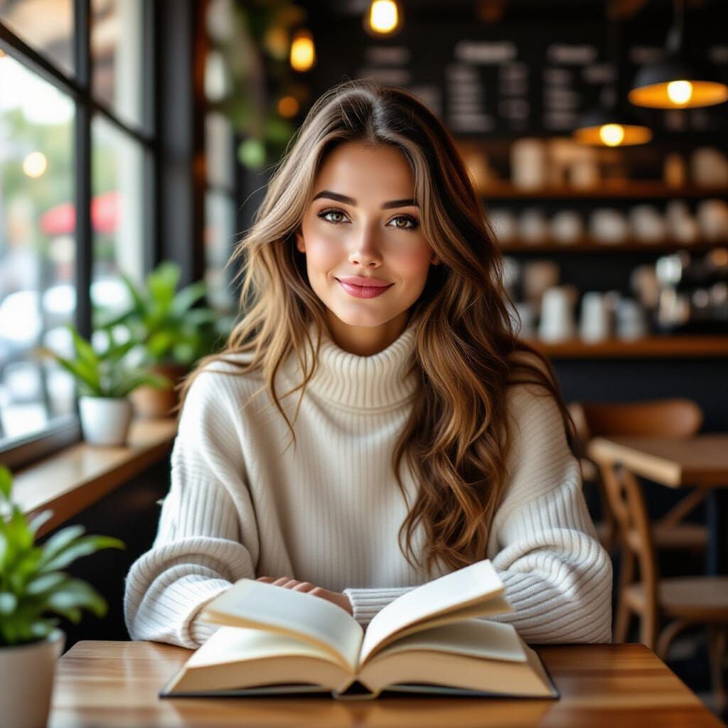 Young Woman Reading in Cafe