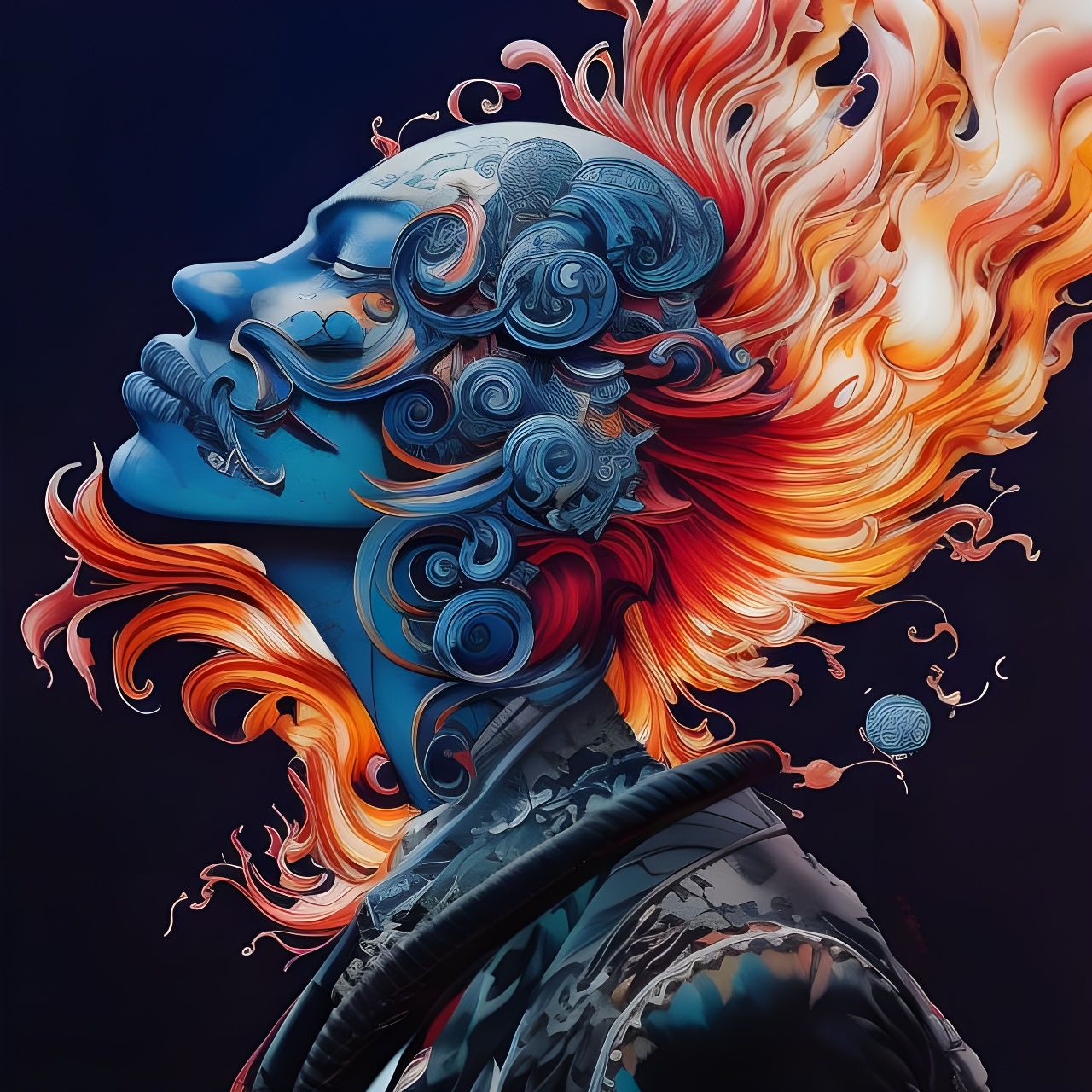 Flaming Hair Portrait: Hyperdetailed Gouache Illustration