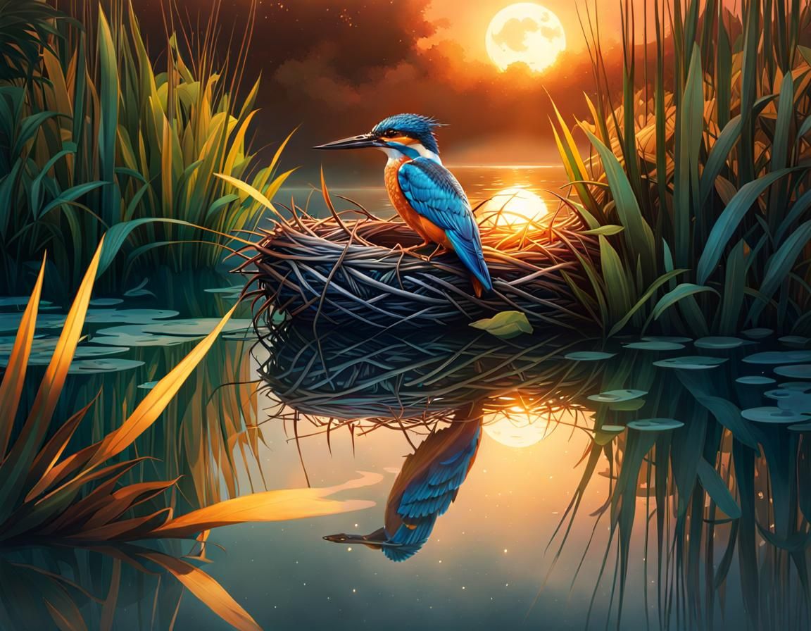 The kingfisher getting ready for bed as the sun sets over th...