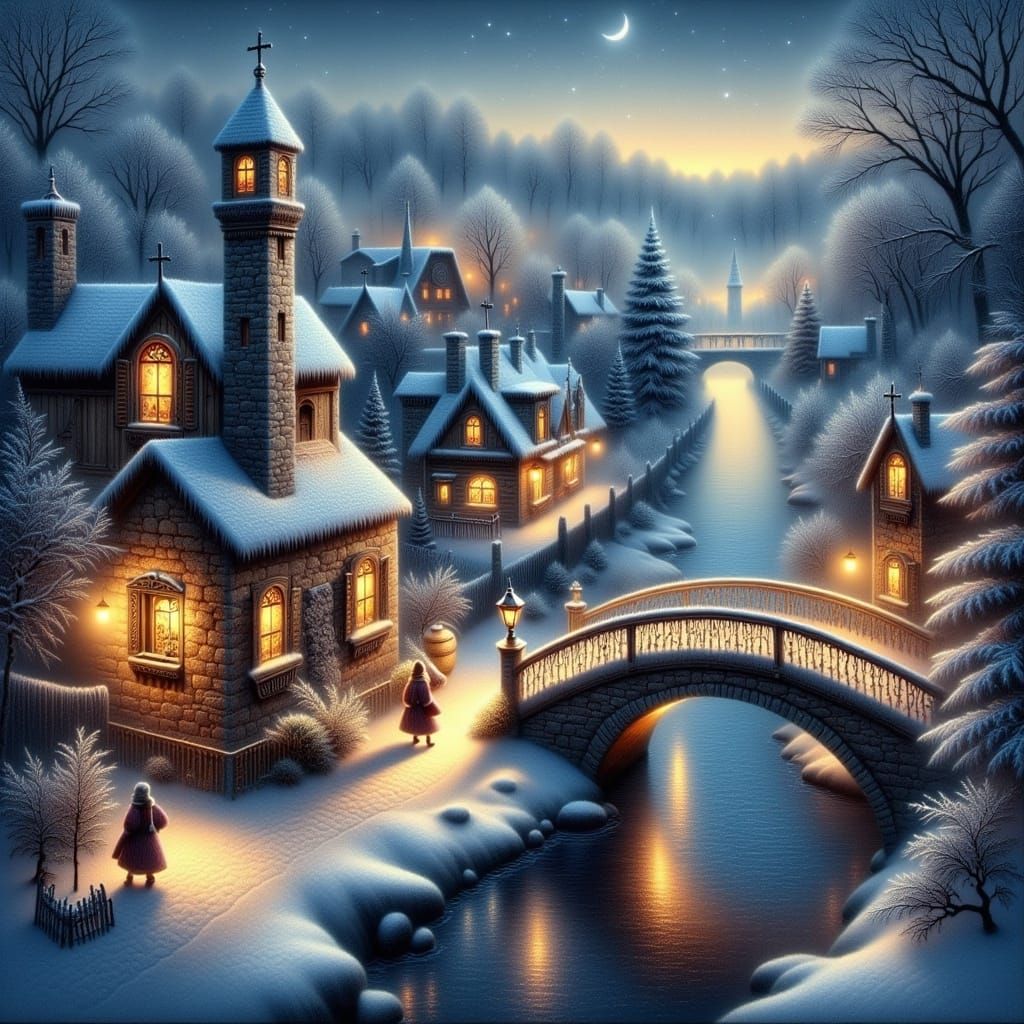 Whimsical Winter Village Scene in Victorian Watercolor Style