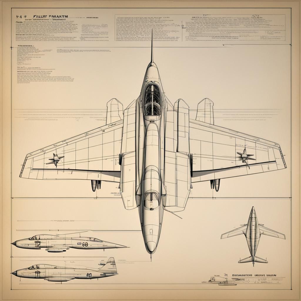 F-4 Phantom Aircraft Blueprint in 1950s Photography Style