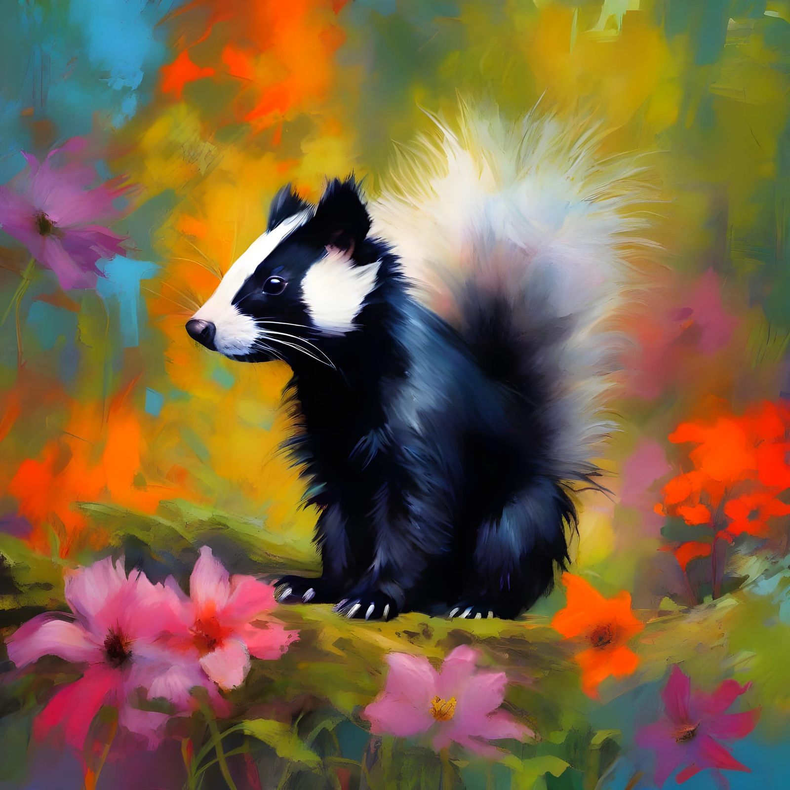 Skunk Portrait Below Floral Waterfall in Grunge Style