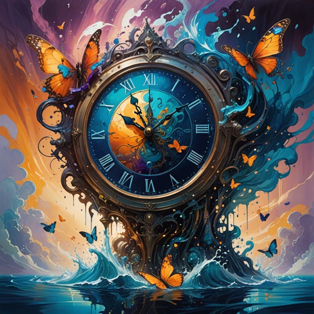 Floating Clock Surrealism in Watercolor