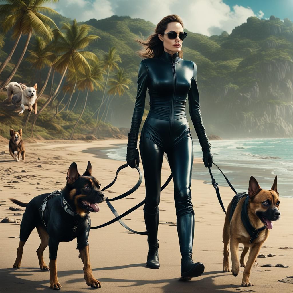 Woman in Latex Catsuit Walking Dogs: Fantasy Art