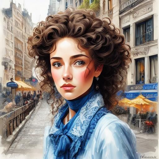 Woman with Curly Hair in Sketch Cafe Scene