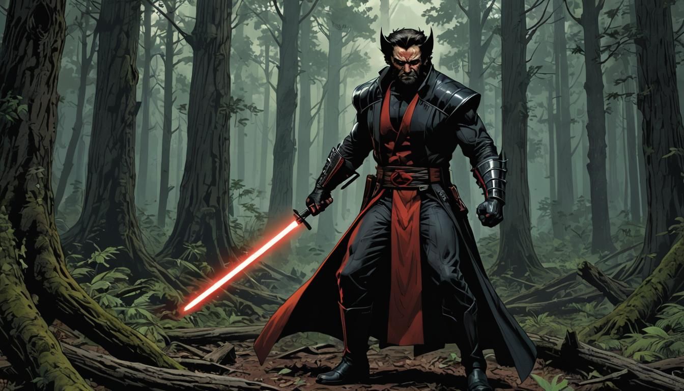 Sith-like Warrior with Laser Claws in Dark Woods