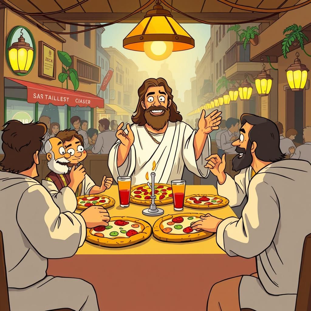 Jesus and Disciples Enjoying Pizza: Cartoon 3D Render