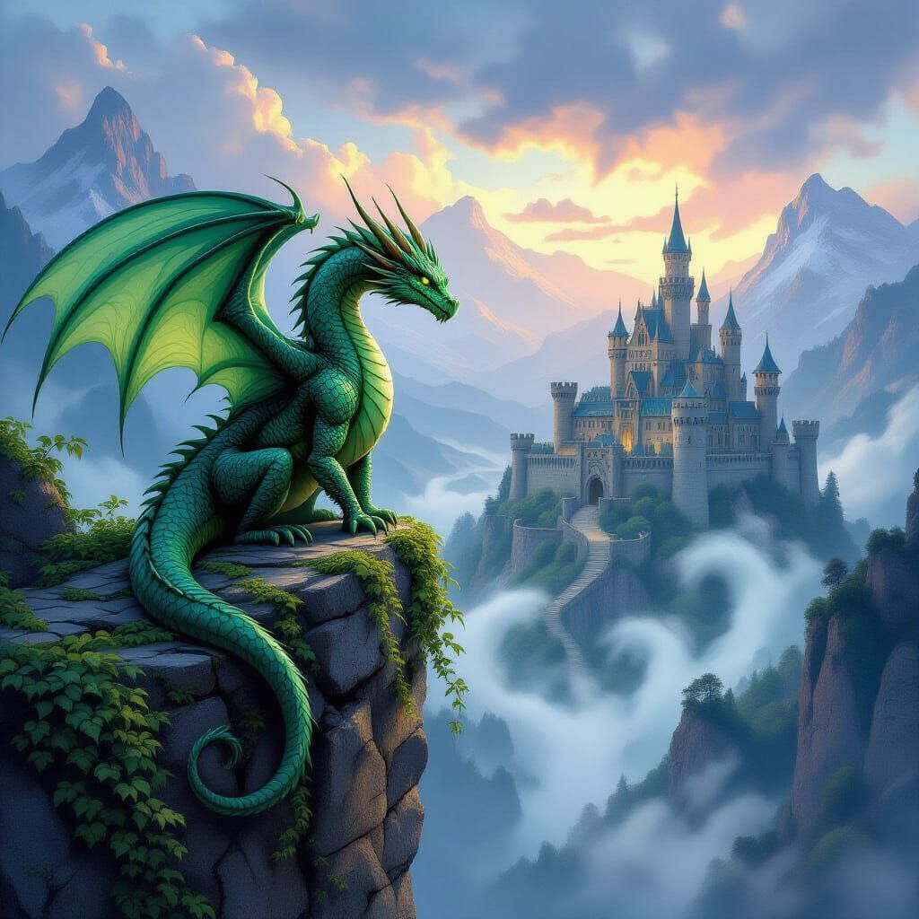 Ancient Jade Dragon Overlooks Castle in Misty Twilight