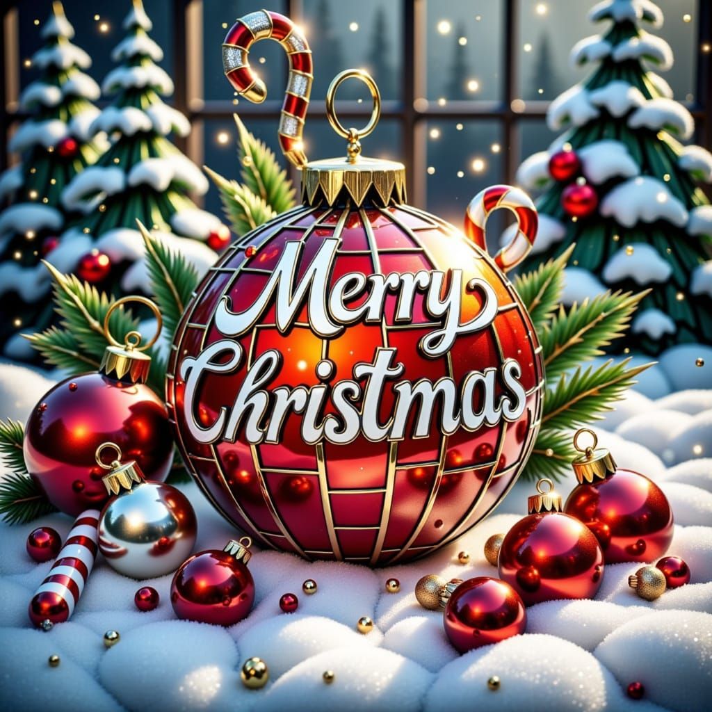 Stained Glass Christmas Ornament in Festive Winter Scene