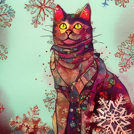 Cat and Snowflakes Collage in Modern Boho Style