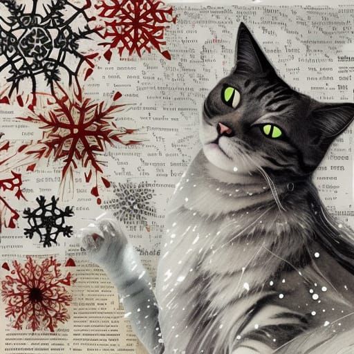 Cat and Snowflakes Collage in Boho Style