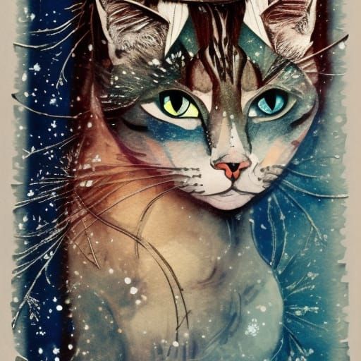 Cat and Snowflakes Collage in Modern Boho Style