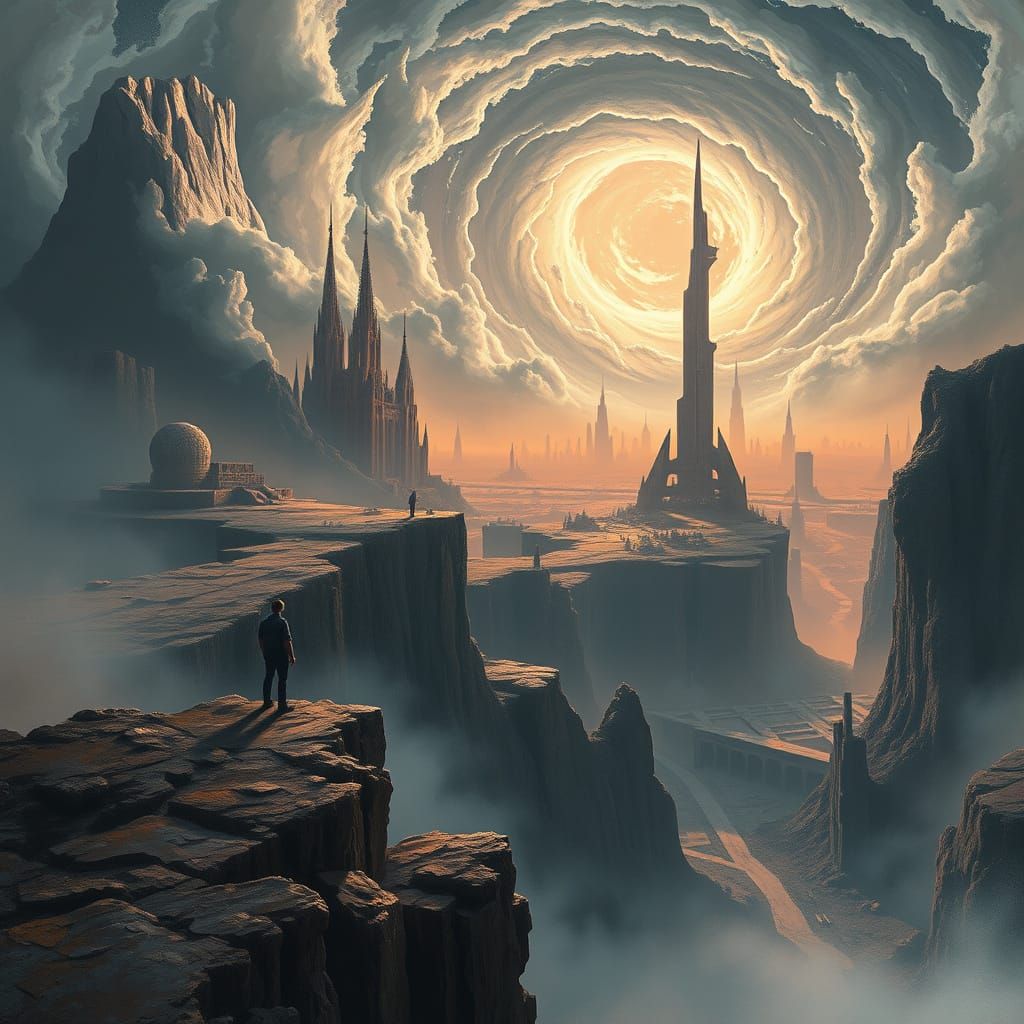 A lone figure stands at the edge of a cliff, gazing out at a...