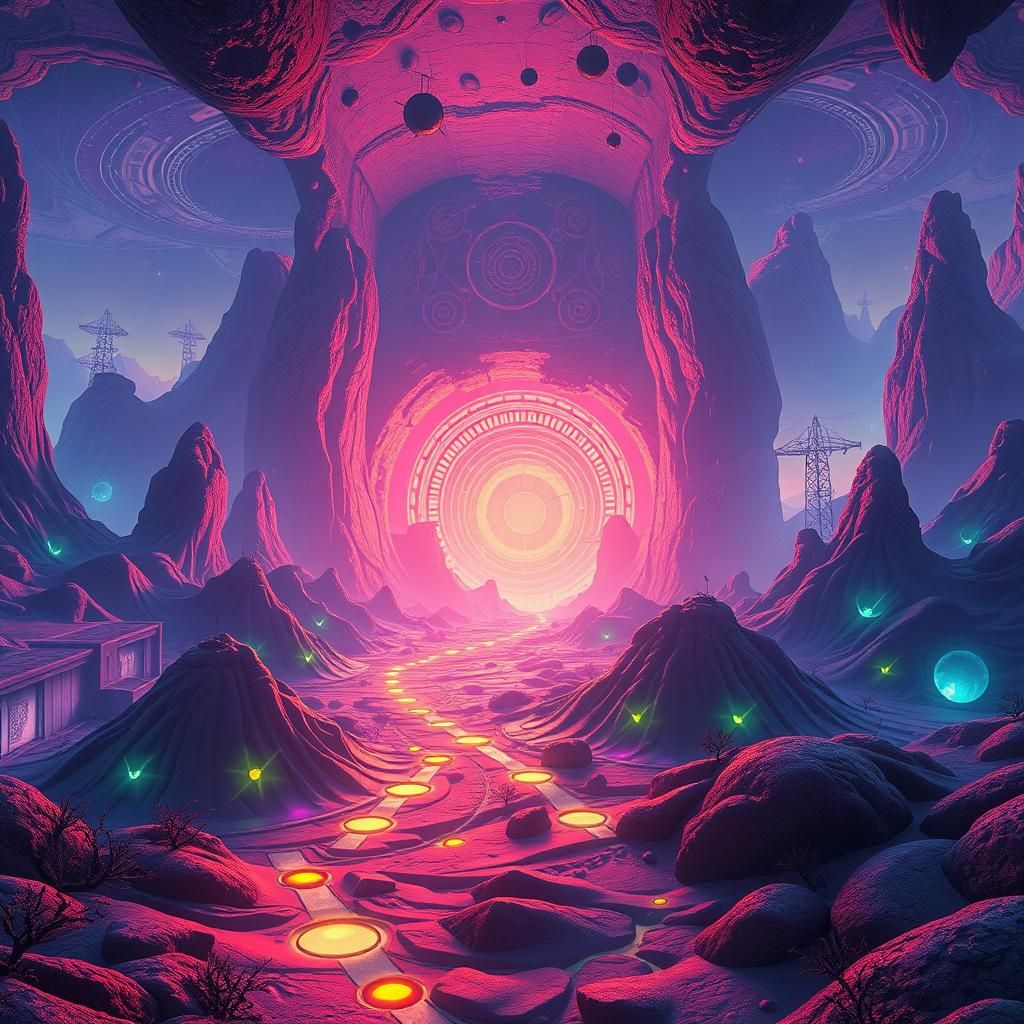 Eerie Landscape with Mesmerizing Neon Patterns