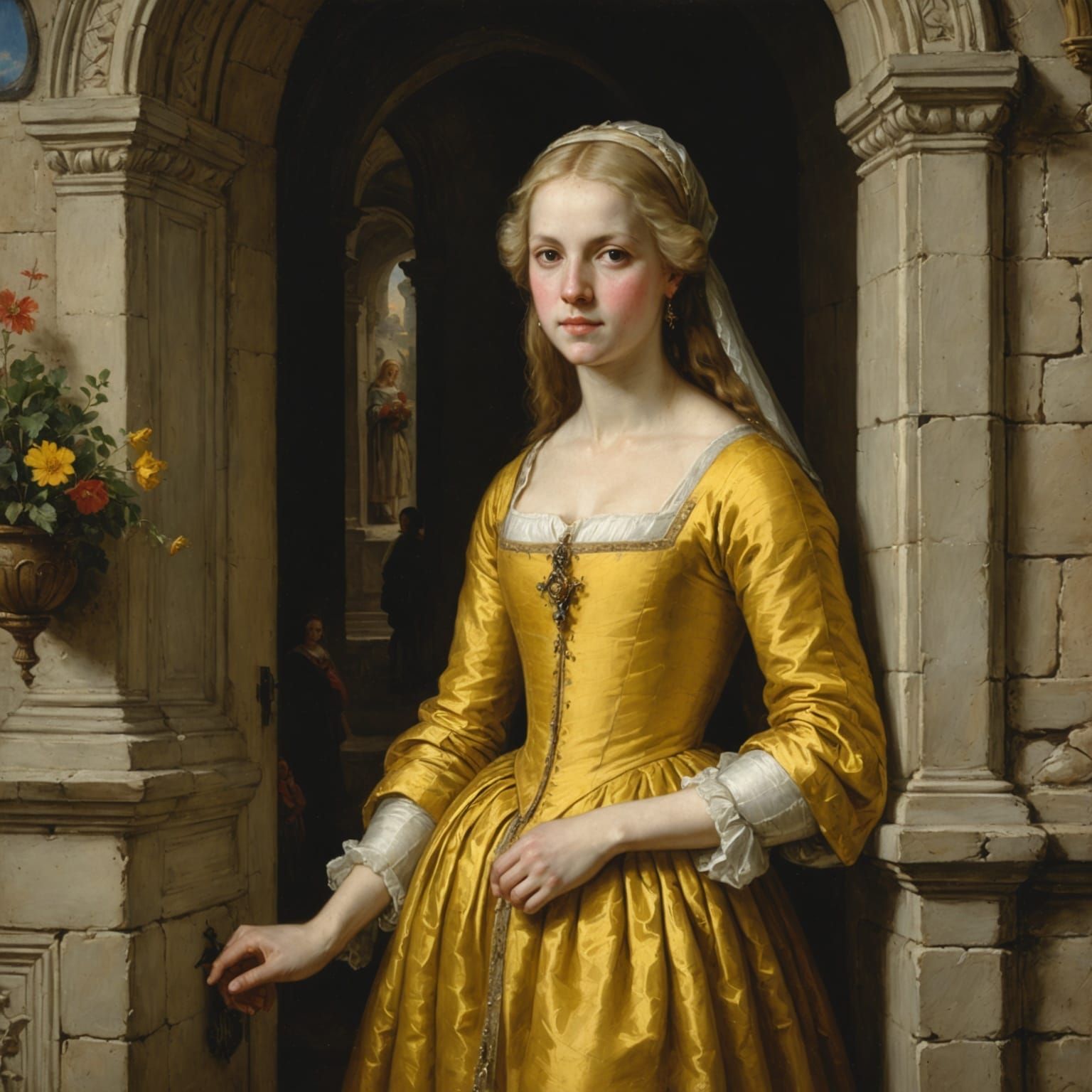 Blond Woman in Yellow Gown at Castle Doorway