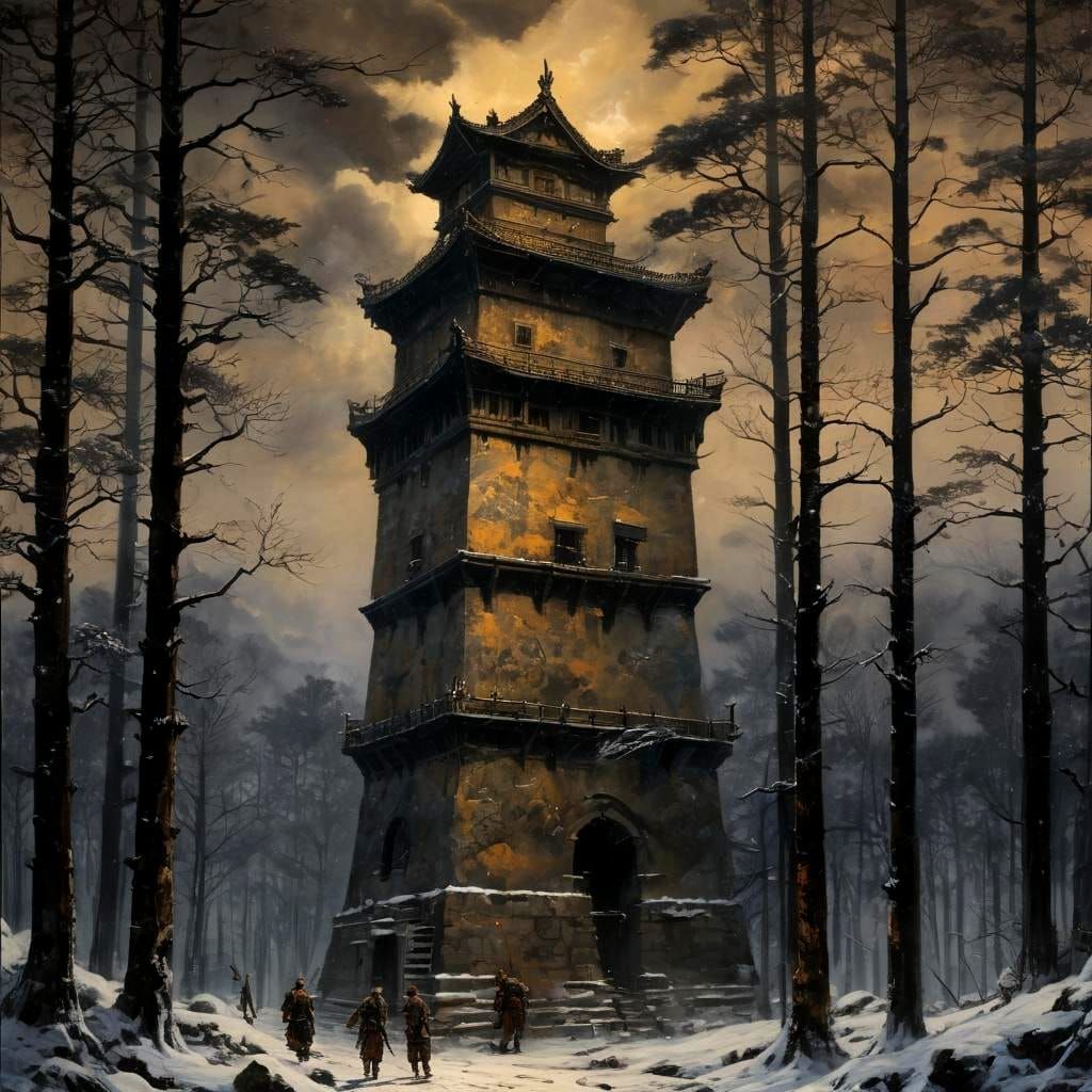 Dark Watchtower: Anime Oil Painting of Fear