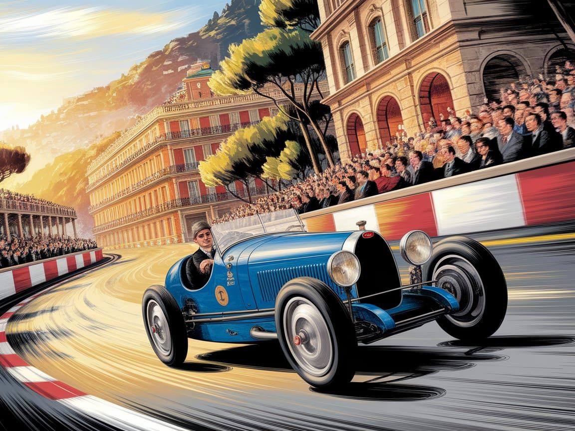 Vintage Bugatti Races Through Monaco, Oil Painting