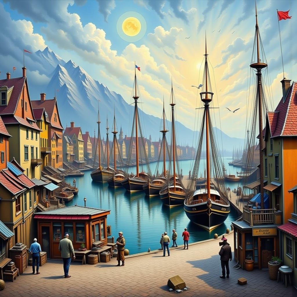 Harbor Town by the Sea in Impasto Style