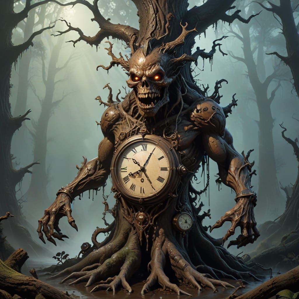 Surreal Melting Clock in Dark Fantasy Forest