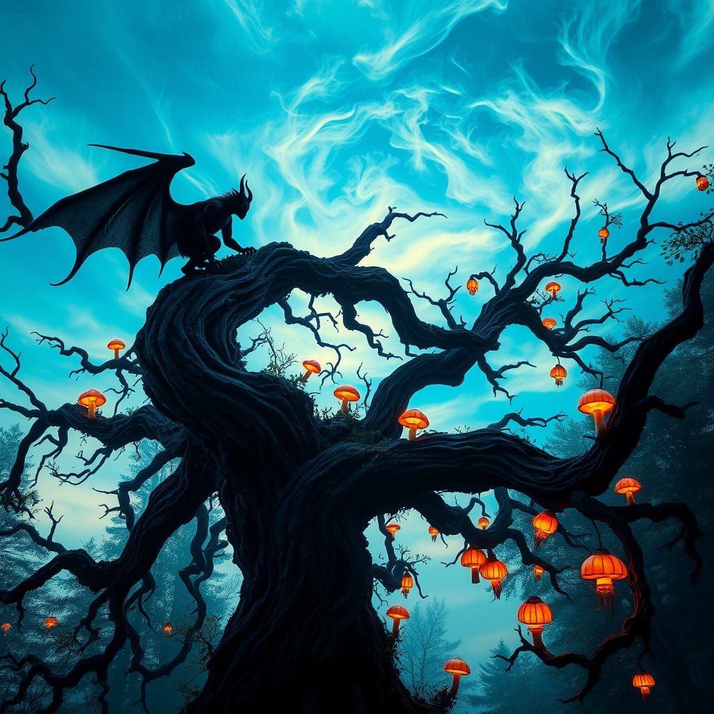 Ethereal Demon Silhouette in a Vibrant, Electric Blue Forest