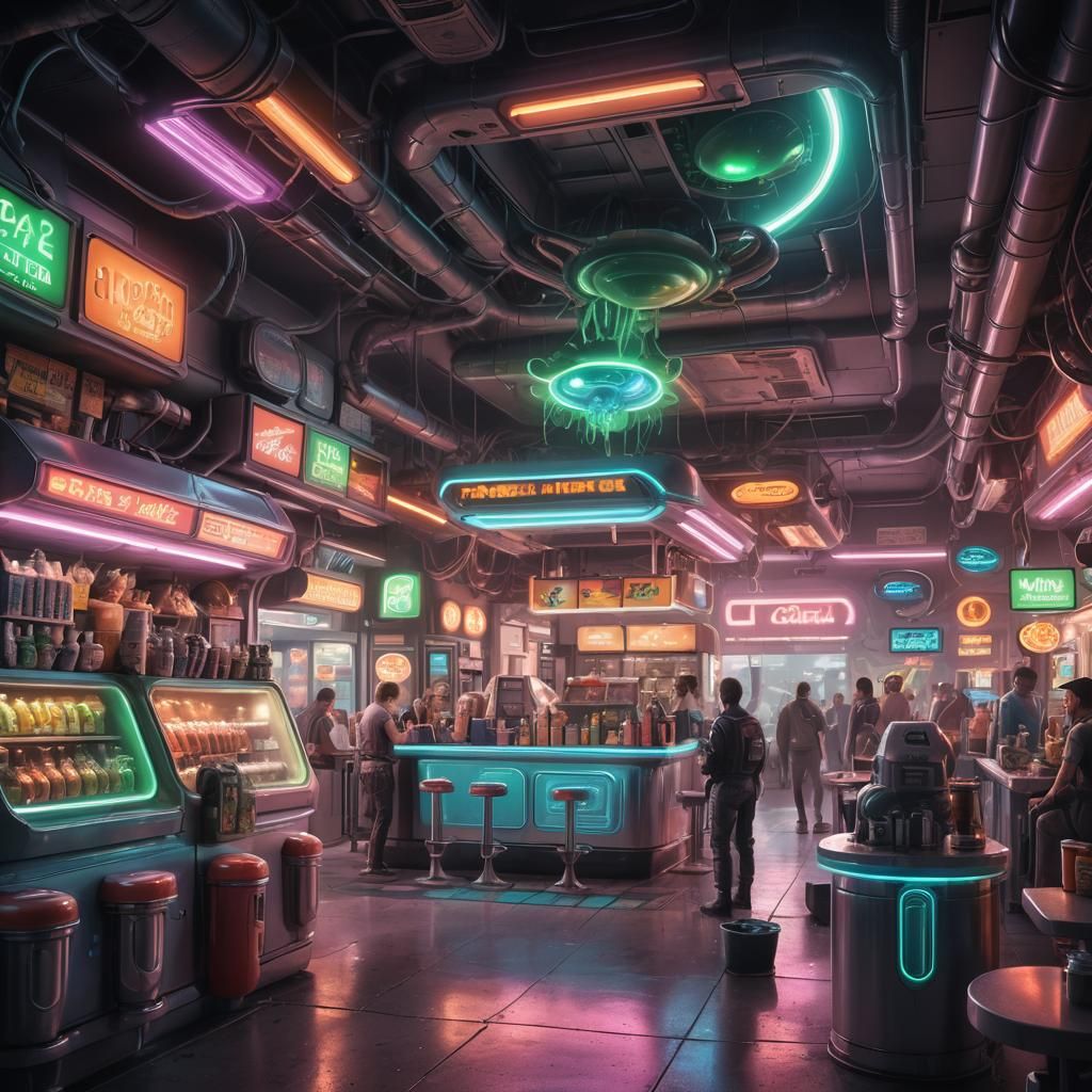 Bustling Intergalactic Fuel Stop in Neon Noir Style