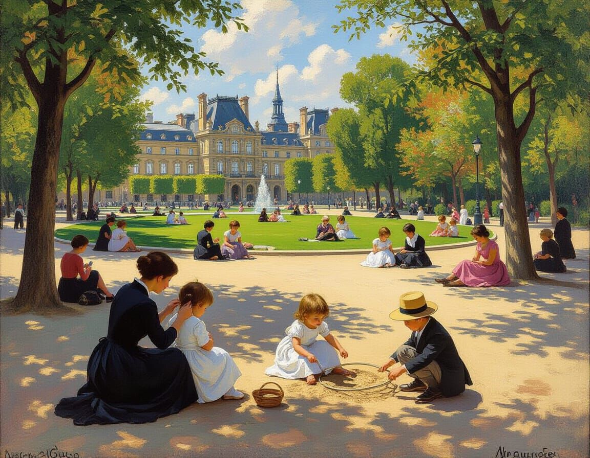 Children and Caregivers Enjoying a Sunny Parisian Park Day