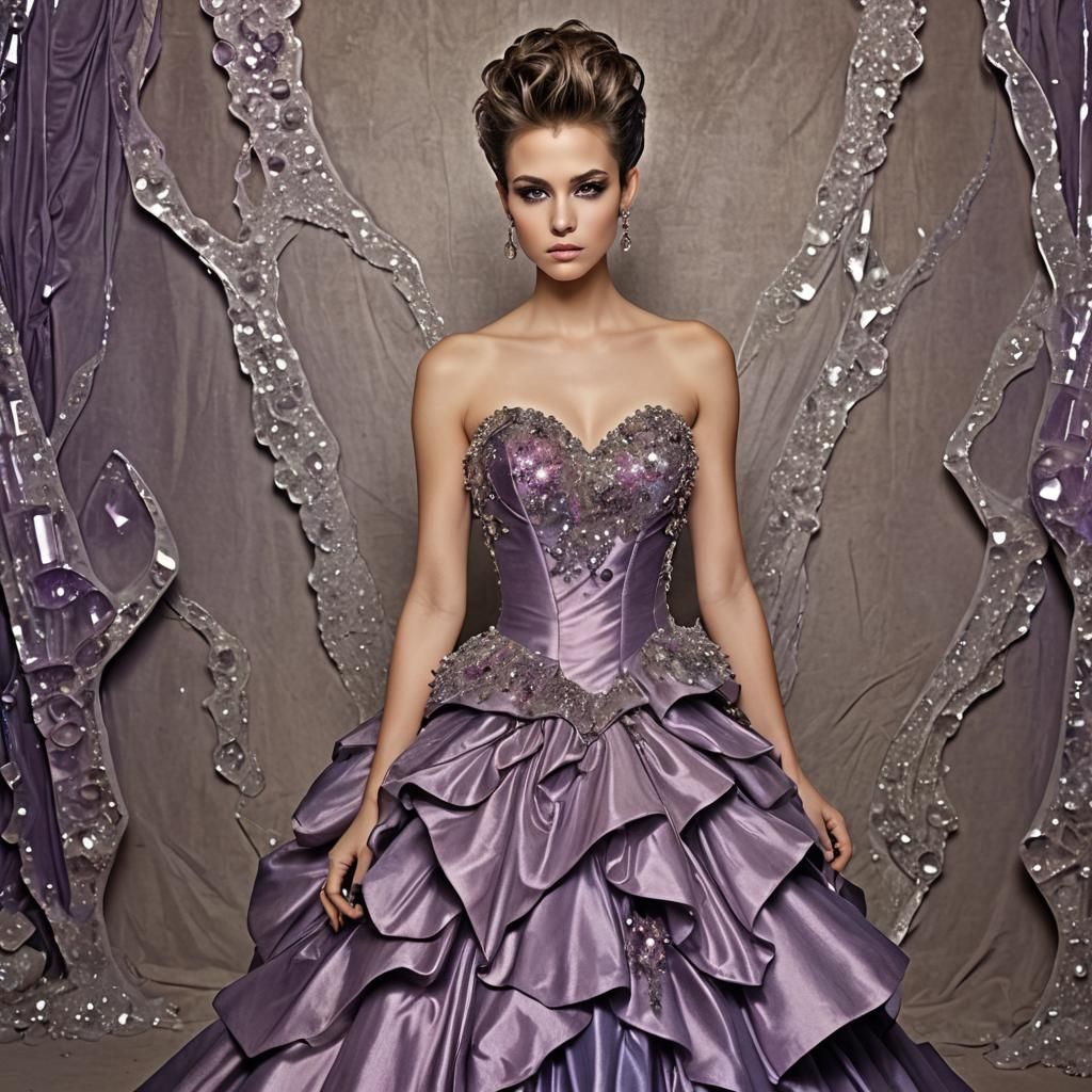 Woman in Crystal Dress in Ballroom, Hyperrealistic