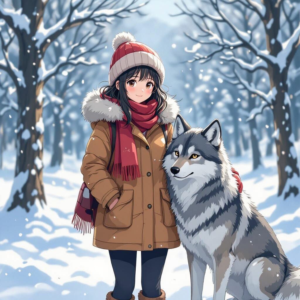 Cozy Wolf Girl in Winter Forest, Anime Style