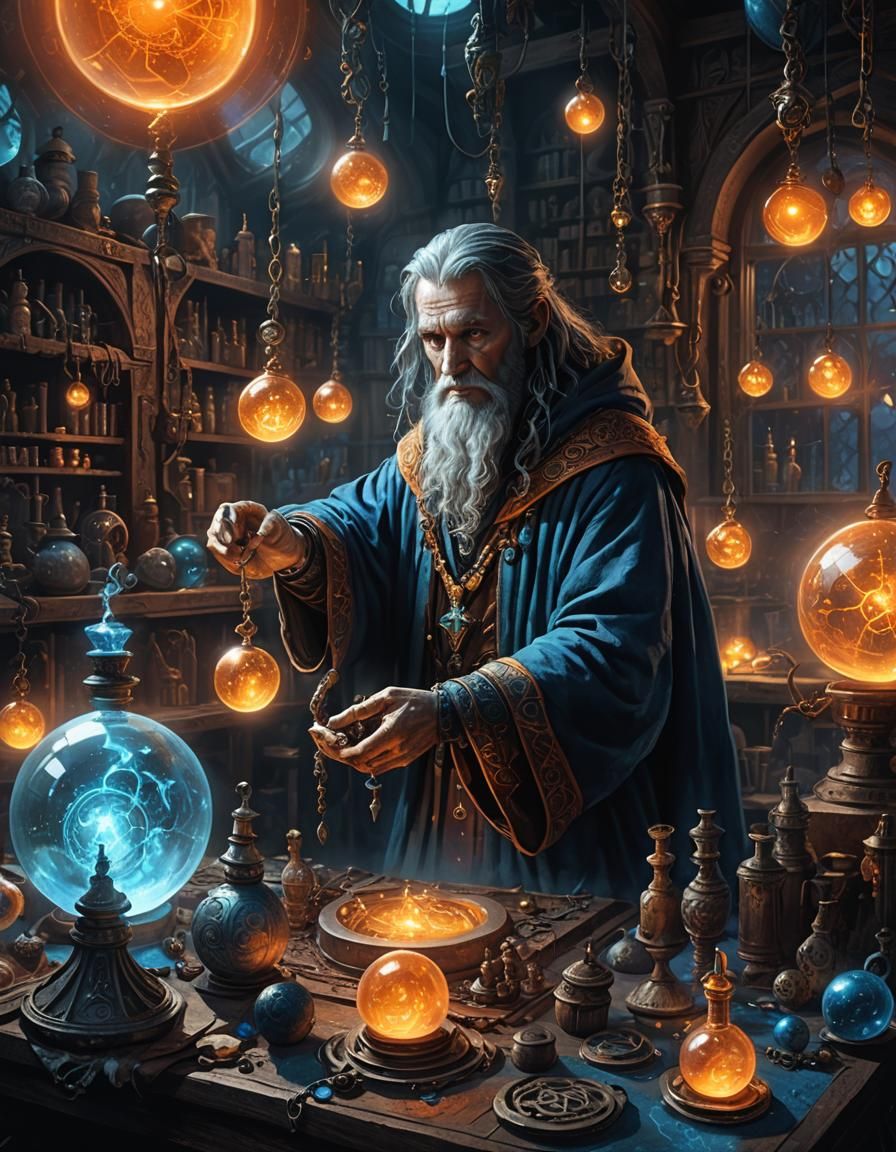 Sorcerer Experiments in a Magical Lab