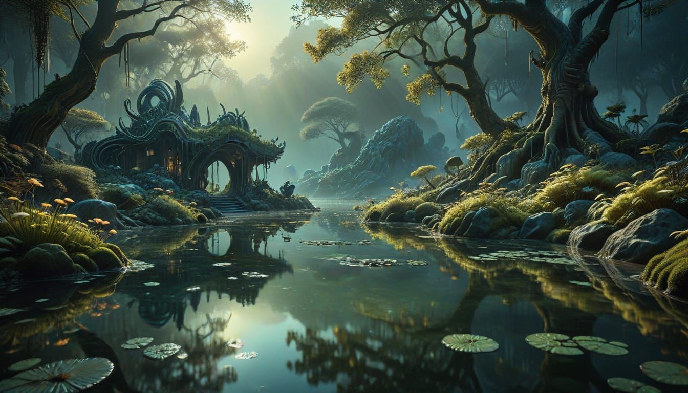 Surreal Zen Garden Landscape with Emerald Ponds and Muted St...