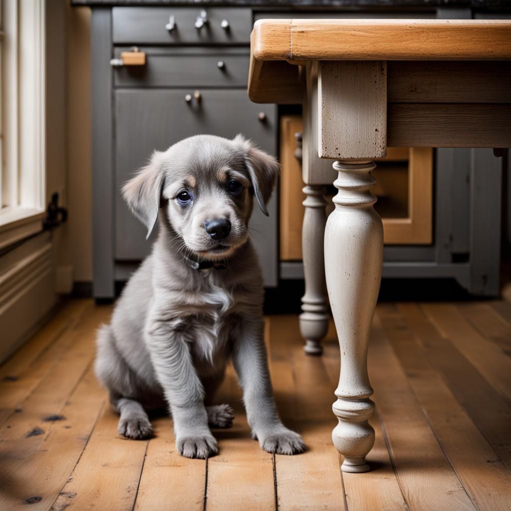 Gray Puppy Bites Table Leg in Old Kitchen