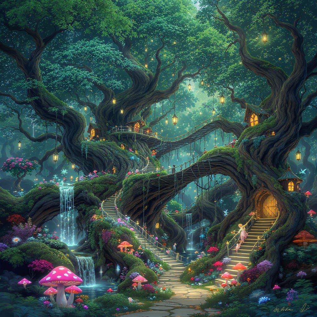Enchanted Treehouse Village in Lush Forest