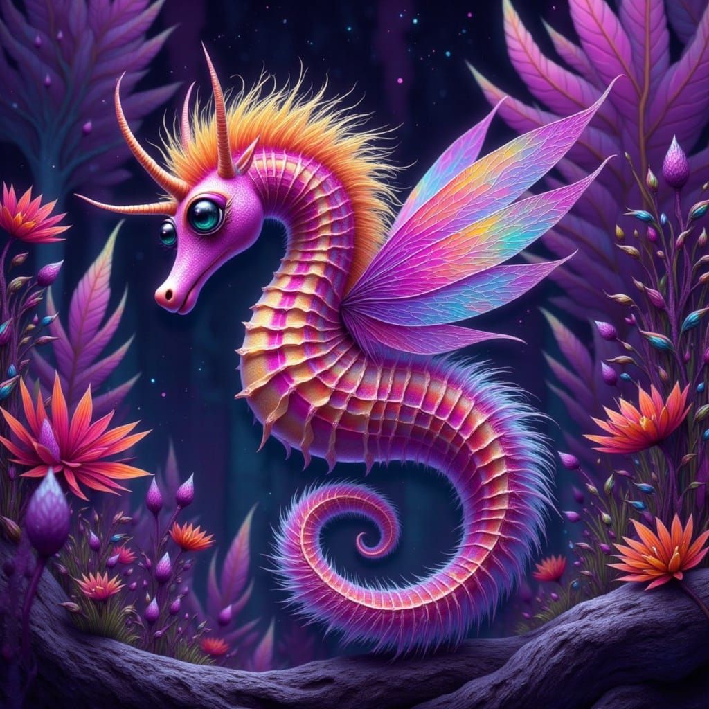 Glowing Seahorse Creature in Bioluminescent Cave