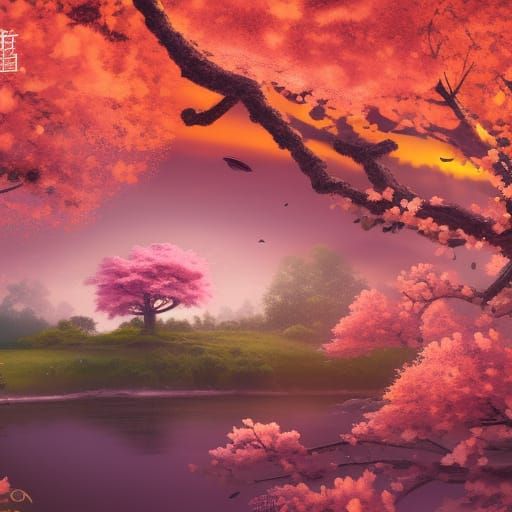 Bird on Cherry Blossom Branch at Sunset